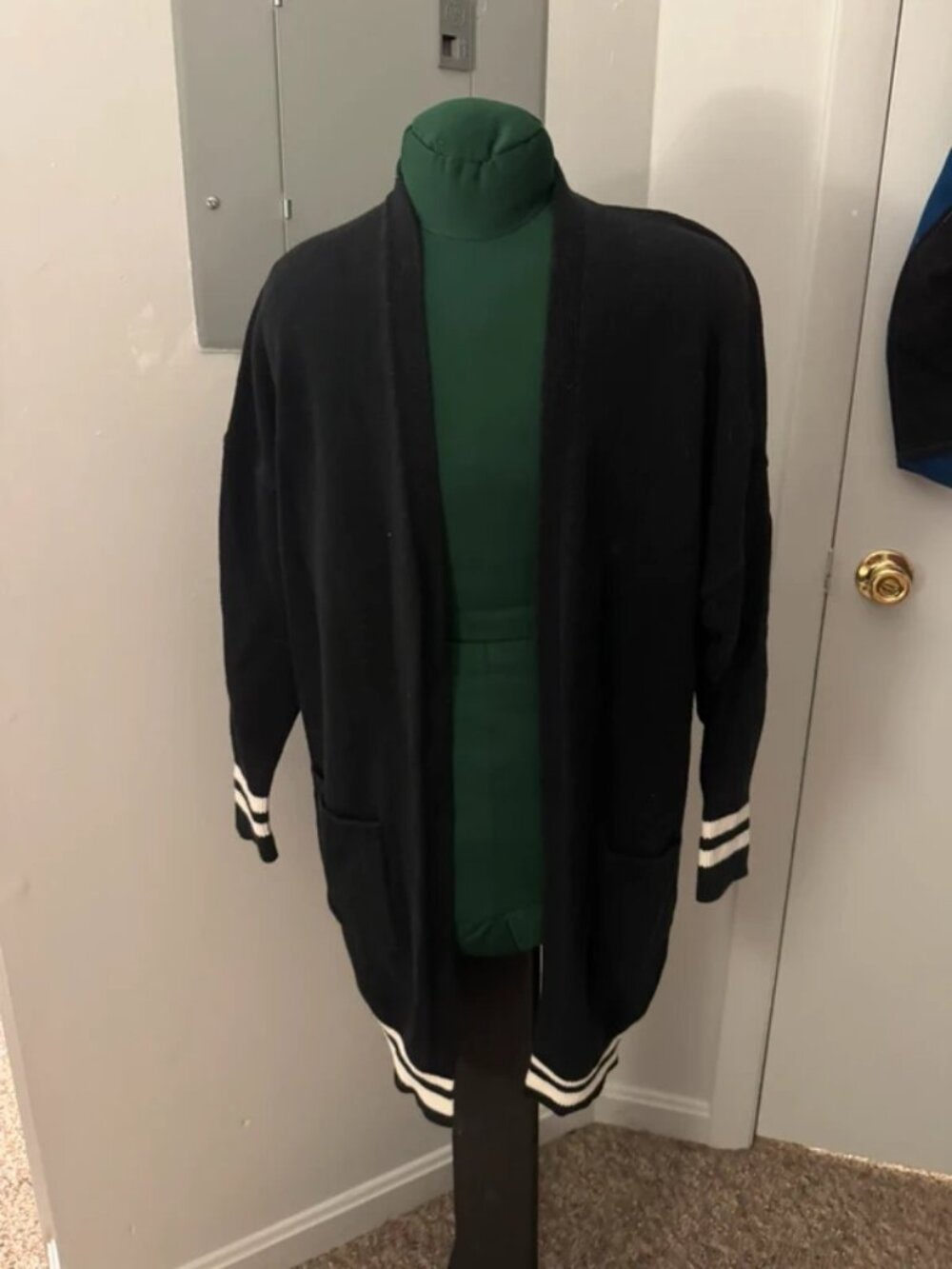 Black Cardigan with White Stripes